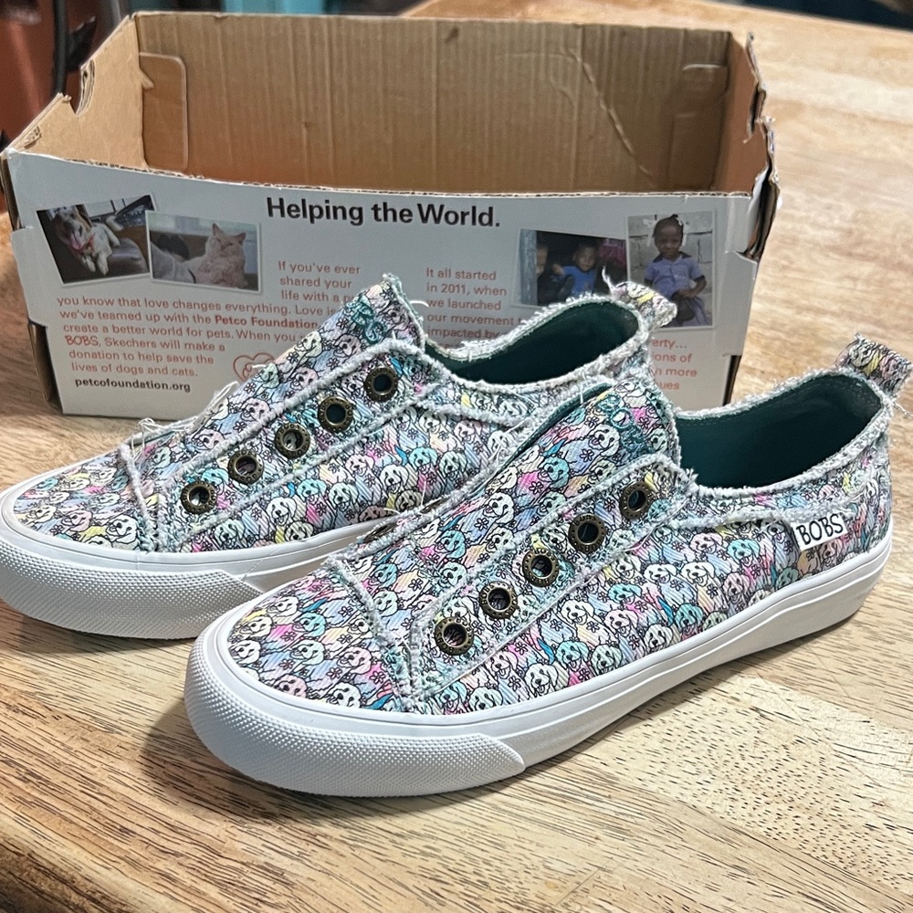 Skechers BOBS Slip-On Sneakers in Pastel Multicolor Dog Print